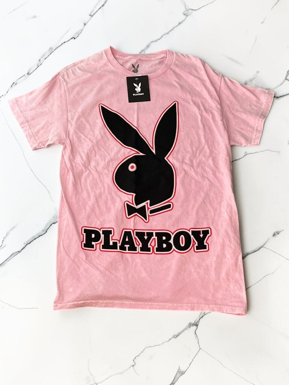 Playboy Women’s Graphic T-Shirt Size M Pink Washed Bunny Logo Cotton Tee NWT